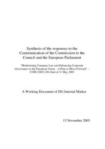 Modernising Company Law and Enhancing Corporate Governance in the European Union - Synthesis of the responses