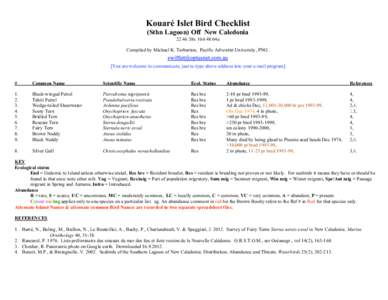 Kouaré Islet Bird Checklist (Sthn Lagoon) Off New Caledonia38s04e Compiled by Michael K. Tarburton, Pacific Adventist University, PNG. [You are welcome to communicate, just re-type above address into your