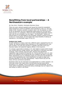 Partners Beyond Borders  Benefitting from local partnerships – A Northeastern example By Yoav Amiri, President, Remington Business Group There are many relevant questions and issues that should be considered