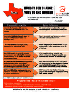 Texas  HUNGRY FOR CHANGE:  VOTE TO END HUNGER “Do not withhold good from those to whom it is due, when it is in your power to do it.”