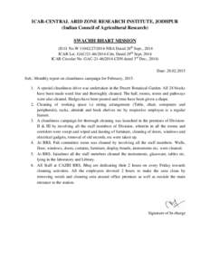 ICAR-CENTRAL ARID ZONE RESEARCH INSTITUTE, JODHPUR (Indian Council of Agricultural Research) SWACHH BHART MISSION (D.O. No.WNBA Dated 26th Sept., 2014 ICAR Let. GACCdn. Dated 29th Sept, 2014 IC