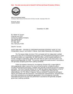 Note: This letter was also sent to Donald R. DePriest and Susan Richardson Williams  Office of the Inspector General Tennessee Valley Authority, 400 West Summit Hill Drive, Knoxville, Tennessee[removed]Richard W. Moo