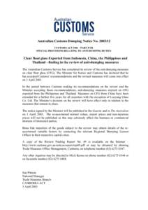 Clear float glass Exported from Indonesia, China, the Philippines and Thailand - finding in the review of anti-dumping measures