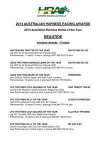 2014 AUSTRALIAN HARNESS RACING AWARDS 2014 Australian Harness Horse of the Year BEAUTIDE Vancleve Awards – Trotters AUSTRALIAN TROTTER OF THE YEAR