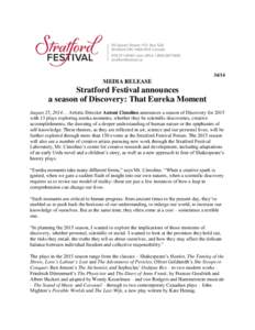 [removed]MEDIA RELEASE Stratford Festival announces a season of Discovery: That Eureka Moment