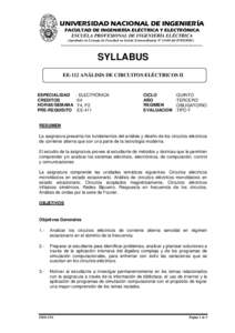 UNIVERSIDAD NACIONAL DE INGENIERÍA FACULTAD DE INGENIERÍA ELÉCTRICA Y ELECTRÓNICA ESCUELA PROFESIONAL DE INGENIERÍA ELÉCTRICA (Aprobado en Consejo de Facultad en Sesión Extraordinaria Nº 14-00 del)  --