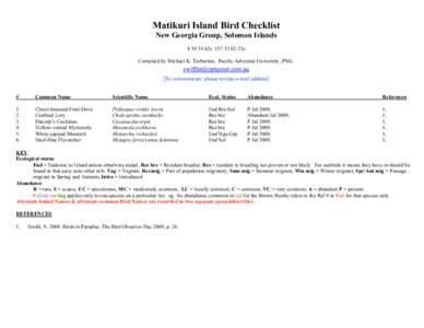 Matikuri Island Bird Checklist New Georgia Group, Solomon Islands62s23e Compiled by Michael K. Tarburton, Pacific Adventist University, PNG. [To communicate: please re-type e-mail address] #