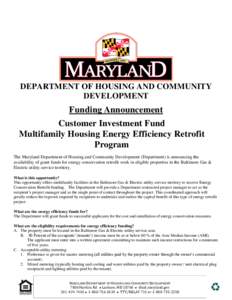 DEPARTMENT OF HOUSING AND COMMUNITY DEVELOPMENT Funding Announcement Customer Investment Fund Multifamily Housing Energy Efficiency Retrofit