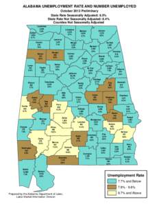 ALABAMA UNEMPLOYMENT RATE AND NUMBER UNEMPLOYED October 2013 Preliminary State Rate Seasonally Adjusted: 6.5% State Rate Not Seasonally Adjusted: 6.4% Counties Not Seasonally Adjusted Colbert