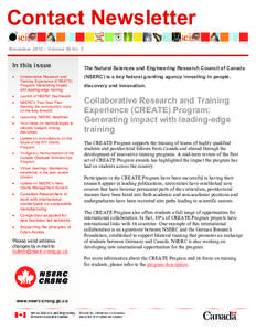 Contact Newsletter November 2012 – Volume 36 No. 5 In this issue  The Natural Sciences and Engineering Research Council of Canada