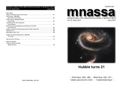 monthly notes of the astronomical society of southern africa Vol 70 Nos 5 & 6 June 2011 News Notes History of the African Astronomical Society..............................................................................