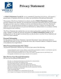 Privacy policy / Internet privacy / WESCO International / Personally identifiable information / P3P / Canadian privacy law / Ethics / Privacy / Policy