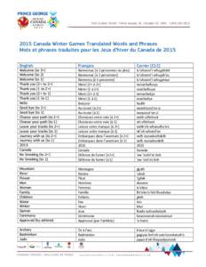 2015 Canada Winter Games Translated Words and Phrases Mots et phrases traduites pour les Jeux d’hiver du Canada de 2015 English Français