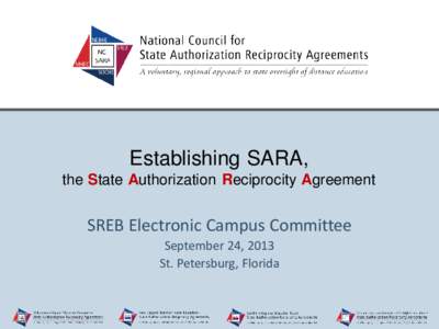 Establishing SARA, the State Authorization Reciprocity Agreement SREB Electronic Campus Committee September 24, 2013 St. Petersburg, Florida