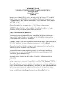 TOWN OF CANAAN BUDGET COMMITTEE MEETING and PUBLIC HEARING January 12, 2012 Canaan Fire Station Final Copy Members present: Chair Eleanor Davis; David McAlister; Al Posnanski; Karen Wolk;