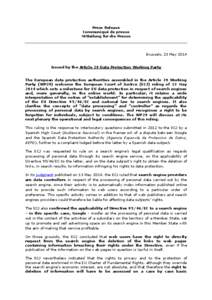 Press Release Communiqué de presse Mitteilung für die Presse Brussels, 23 May 2014 Issued by the Article 29 Data Protection Working Party