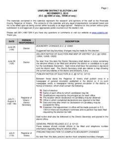 Page 1 UNIFORM DISTRICT ELECTION LAW NOVEMBER 2, 2010 (E.C. §§ 9300 et seq., 10500 et seq.) The materials contained in this calendar represent the research and opinions of the staff at the Riverside County Registrar of