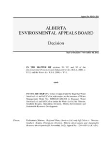Appeal No[removed]ID1  ALBERTA ENVIRONMENTAL APPEALS BOARD Decision Date of Decision – November 30, 2012