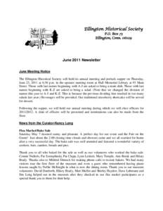 Ellington Historical Society P.O. Box 73 Ellington, Conn[removed]June 2011 Newsletter June Meeting Notice