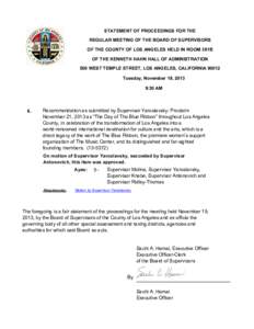 STATEMENT OF PROCEEDINGS FOR THE REGULAR MEETING OF THE BOARD OF SUPERVISORS OF THE COUNTY OF LOS ANGELES HELD IN ROOM 381B OF THE KENNETH HAHN HALL OF ADMINISTRATION 500 WEST TEMPLE STREET, LOS ANGELES, CALIFORNIA 90012