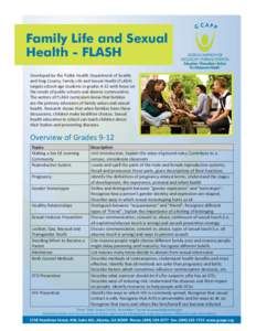 Family Life and Sexual Health - FLASH Developed by the Public Health Department of Sea le and King County, Family Life and Sexual Health (FLASH) targets school-age students in grades 4-12 with focus on the needs of publi