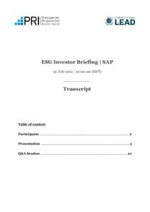 ESG Investor Briefing | SAP 30 July 2012 | 10:00 am (EDT) ____________ Transcript