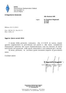 A.R.I. Associazione Radioamatori Italiani Via ScarlattiMilano Il Segretario Generale
