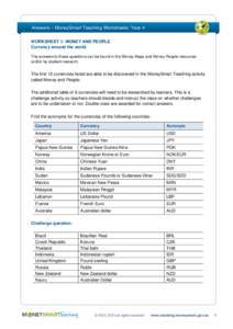 Answers – MoneySmart Teaching Worksheets: Year 4 WORKSHEET 1: MONEY AND PEOPLE Currency around the world The answers to these questions can be found in the Money Maps and Money People resources and/or by student resear