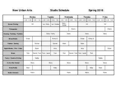 New Urban Arts  Studio Schedule Monday 3:00 - 5:00