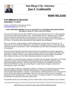 San Diego City Attorney  Jan I. Goldsmith NEWS RELEASE FOR IMMEDIATE RELEASE December 17, 2013