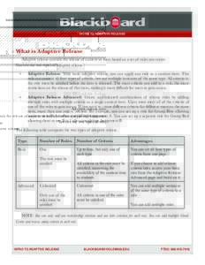 INTRO TO ADAPTIVE RELEASE  What is Adaptive Release Adaptive release controls the release of content to users based on a set of rules you create. You can use two types of adaptive release: •