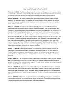 Clean Vessel Act Awards for Fiscal Year 2012 Alabama - $ 289,496 – The Alabama Department of Environmental Management plans to install six new coastal and four new inland pumpouts. They will continue their information 