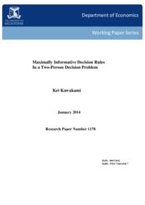 Department of Economics Working Paper Series Maximally Informative Decision Rules In a Two-Person Decision Problem