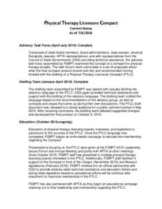 Physical Therapy Licensure Compact Current Status As ofAdvisory Task Force (April-July 2014): Complete Composed of state board members, board administrators, state senator, physical