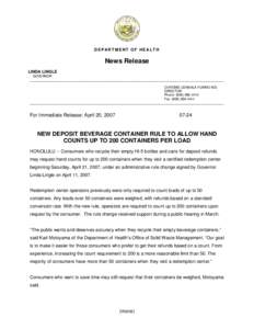 DEPARTM ENT OF HEALT H  News Release LINDA LINGLE GOVERNOR _________________________________________________________________________________________________________