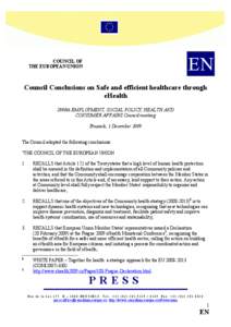 EN  COUNCIL OF THE EUROPEAN UNION  Council Conclusions on Safe and efficient healthcare through