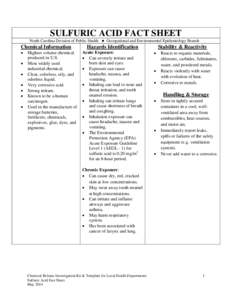 SULFURIC ACID FACT SHEET  North Carolina Division of Public Health ● Occupational and Environmental Epidemiology Branch Chemical Information •