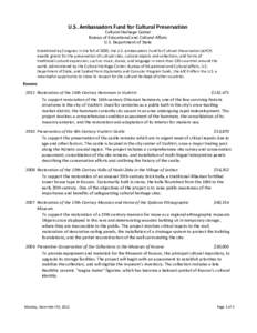 U.S. Ambassadors Fund for Cultural Preservation Cultural Heritage Center Bureau of Educational and Cultural Affairs U.S. Department of State Established by Congress in the fall of 2000, the U.S. 