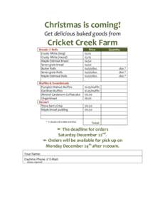 Christmas	
  is	
  coming! Get	
  delicious	
  baked	
  goods	
  from Cricket	
  Creek	
  Farm	
   Breads	
  &	
  Rolls	
   	
   Crusty	
  White	
  (long)	
  