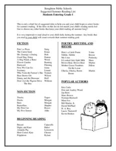 Stoughton Public Schools Suggested Summer Reading List Students Entering Grade 1 This is only a brief list of suggested titles to help you and your child begin to select books for summer reading. If the titles on this li