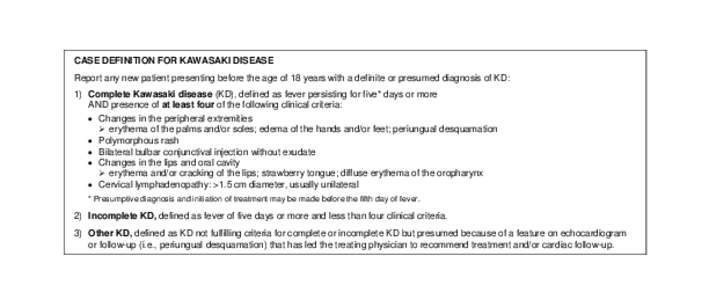 CASE DEFINITION FOR KAWASAKI DISEASE Report any new patient presenting before the age of 18 years with a definite or presumed diagnosis of KD: 1) Complete Kawasaki disease (KD), defined as fever persisting for five* days