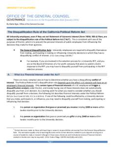 UNIVERSITY OF CALIFORNIA  OFFICE OF THE GENERAL COUNSEL GOVERNANCE Introduction to the Disqualification Rule (January[removed]By Stella Ngai, Office of the General Counsel