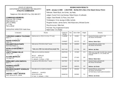 STATE OF NEVADA DEPARTMENT OF BUSINESS AND INDUSTRY ATHLETIC COMMISSION BOXING SHOW RESULTS DATE: January 9, 2009