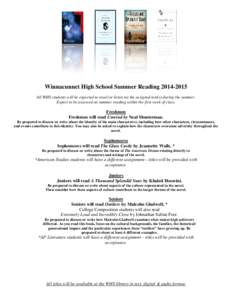 Winnacunnet High School Summer Reading[removed]All WHS students will be expected to read (or listen to) the assigned text(s) during the summer. Expect to be assessed on summer reading within the first week of class. Fr