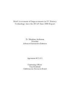 Background Information: March 2003 Brief Assessment of Improvements in EV Battery Technology since the BTAP June 2000 Report