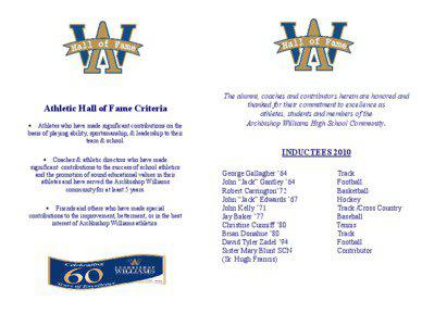 Athletic Hall of Fame Criteria • Athletes who have made significant contributions on the basis of playing ability, sportsmanship, & leadership to their