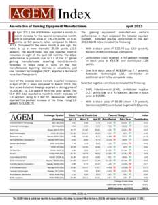 Index Association of Gaming Equipment Manufacturers n April 2013, the AGEM Index reported a month-tomonth increase for the second consecutive month, with a composite score of[removed]points, up 8.44 points, or 5.6 percent