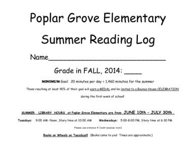 Poplar Grove Elementary Summer Reading Log Name___________________________ Grade in FALL, 2014: ____ MINIMUM Goal: 20 minutes per day = 1,460 minutes for the summer Those reaching at least 90% of their goal will earn a M