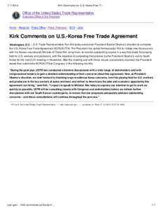 Kirk Comments on U.S.-Korea Free Trade Agreement | Office of the United States Trade Representative