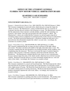 OFFICE OF THE ATTORNEY GENERAL FLORIDA NEW MOTOR VEHICLE ARBITRATION BOARD QUARTERLY CASE SUMMARIES January[removed]March[removed]1st Quarter)  NONCONFORMITY §[removed]), F.S.